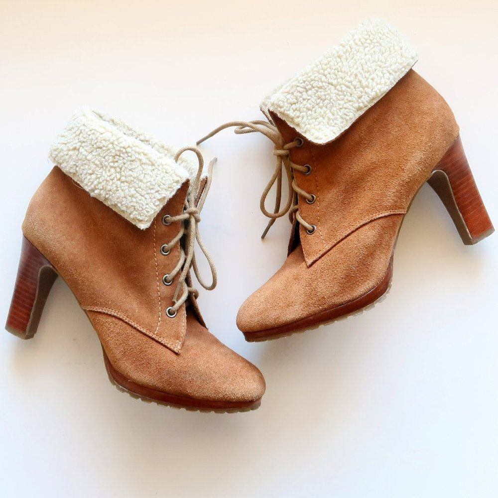 Alfani Tan Suede Leather & White Sherpa Lace-up Heeled Ankle Boots / Booties 8